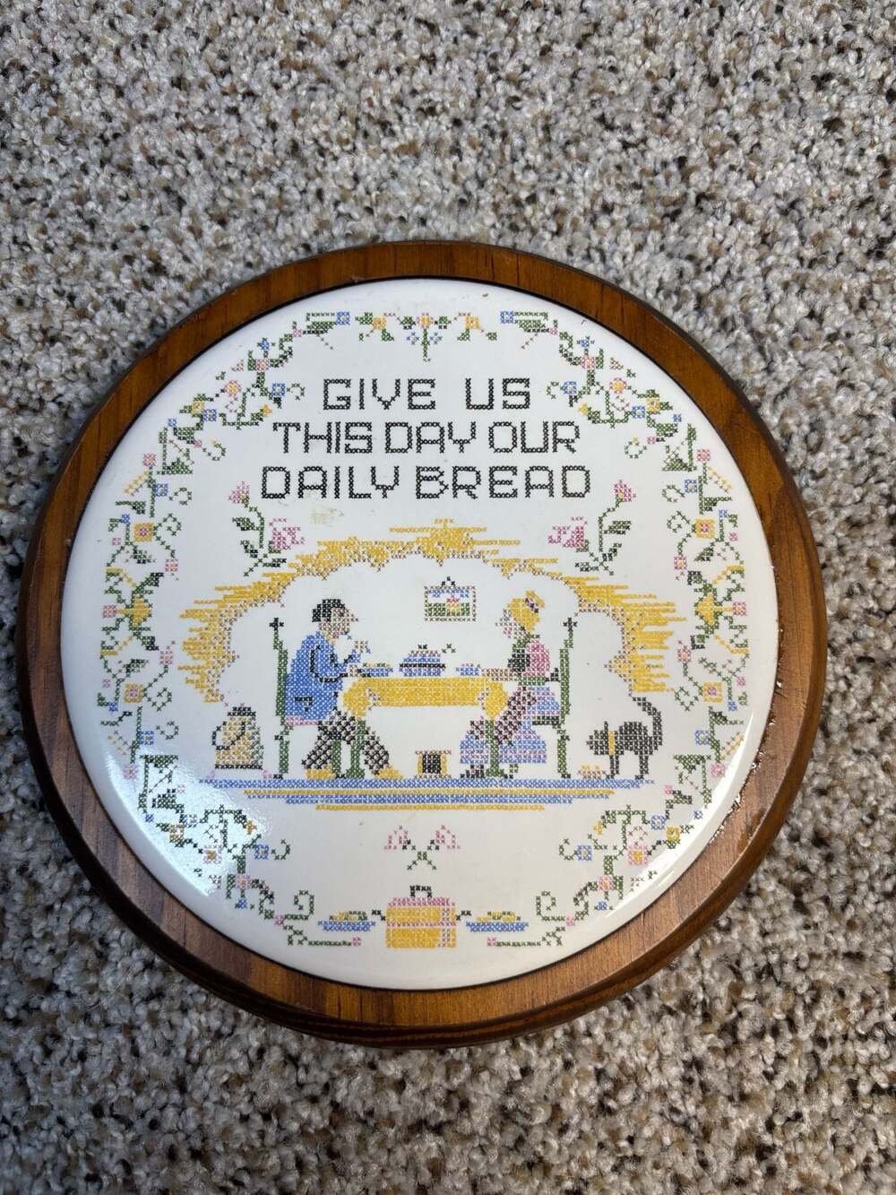Vintage Hyalyn Ceramic Trivet Wall Plaque with  Cross Stitch Design